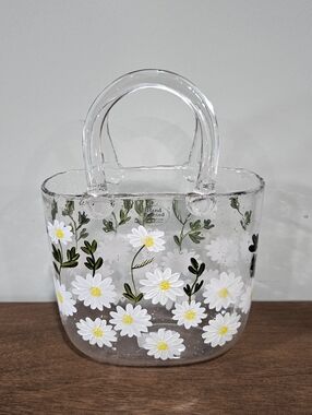 Hand Painted Glass Handbag vase  Clear With White Flowers